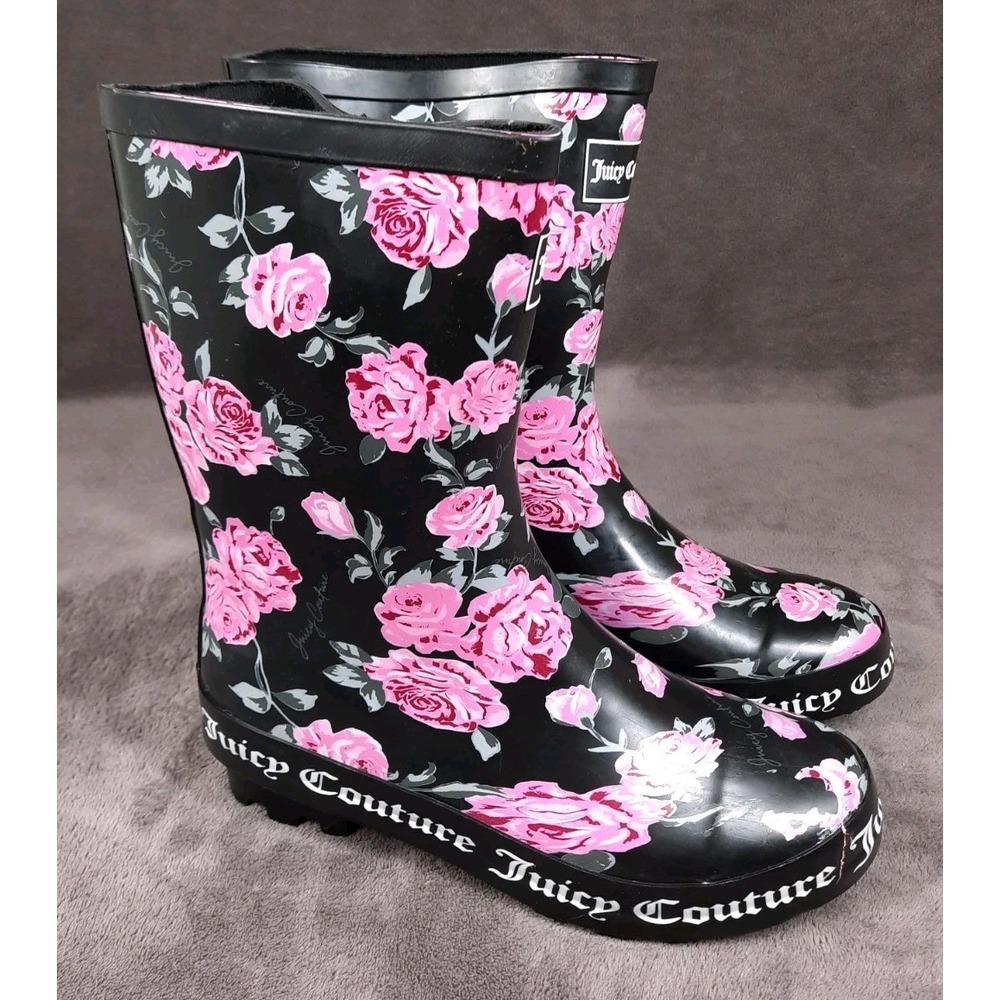 Juicy Couture Women's Black Floral Rain Boots Size 7